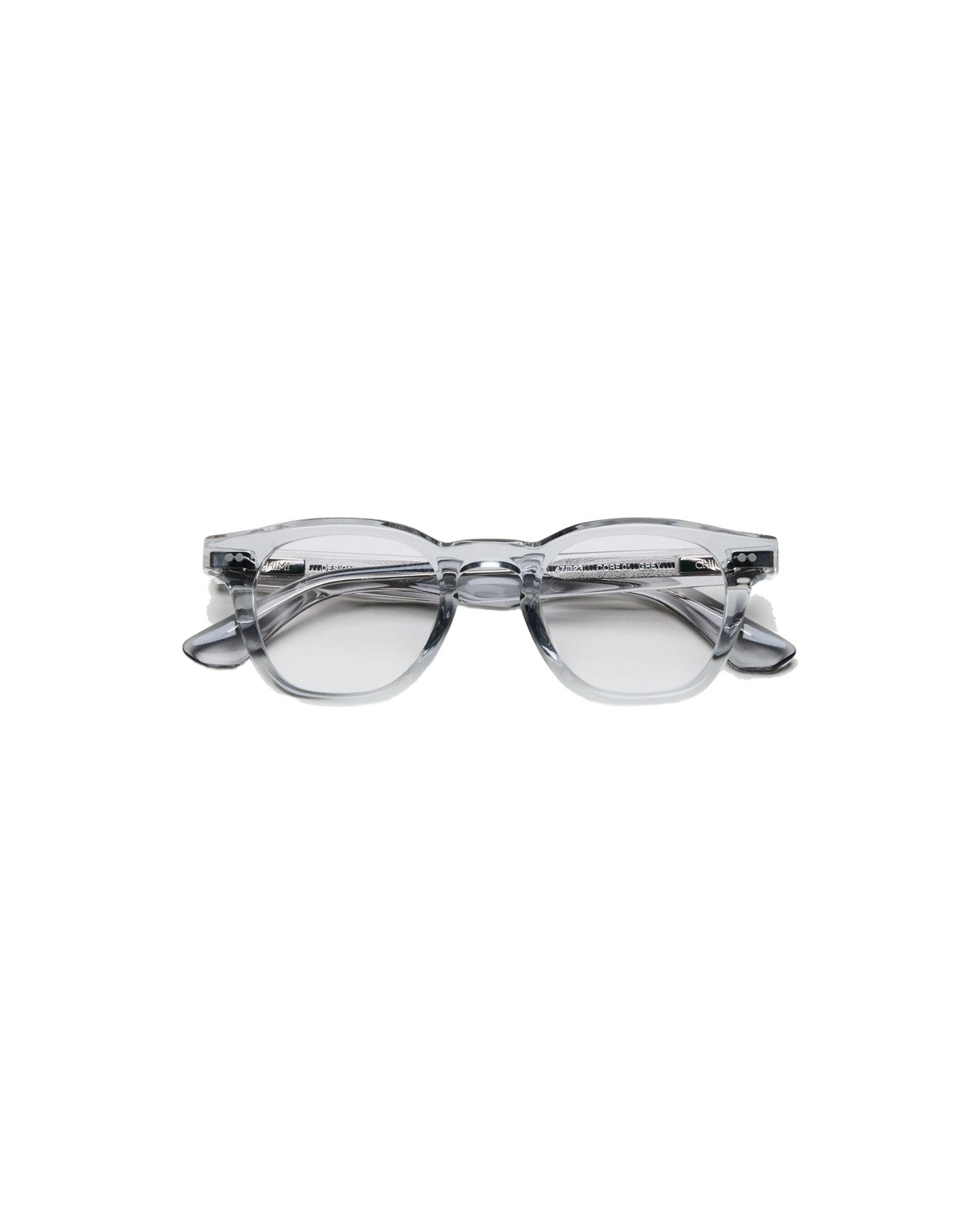 Front view of CHIMI 01 Core Grey Clear eyeglasses folded flat.