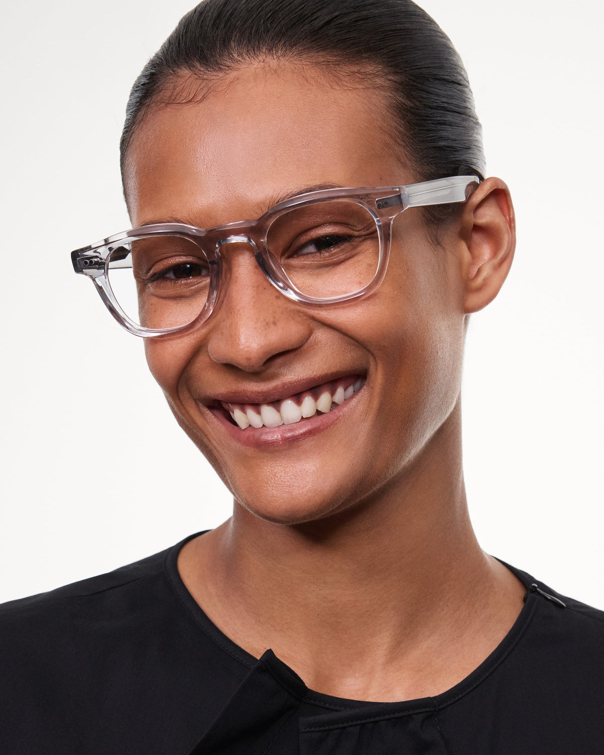 Model wearing CHIMI 01 Core Grey Clear Eyeglasses