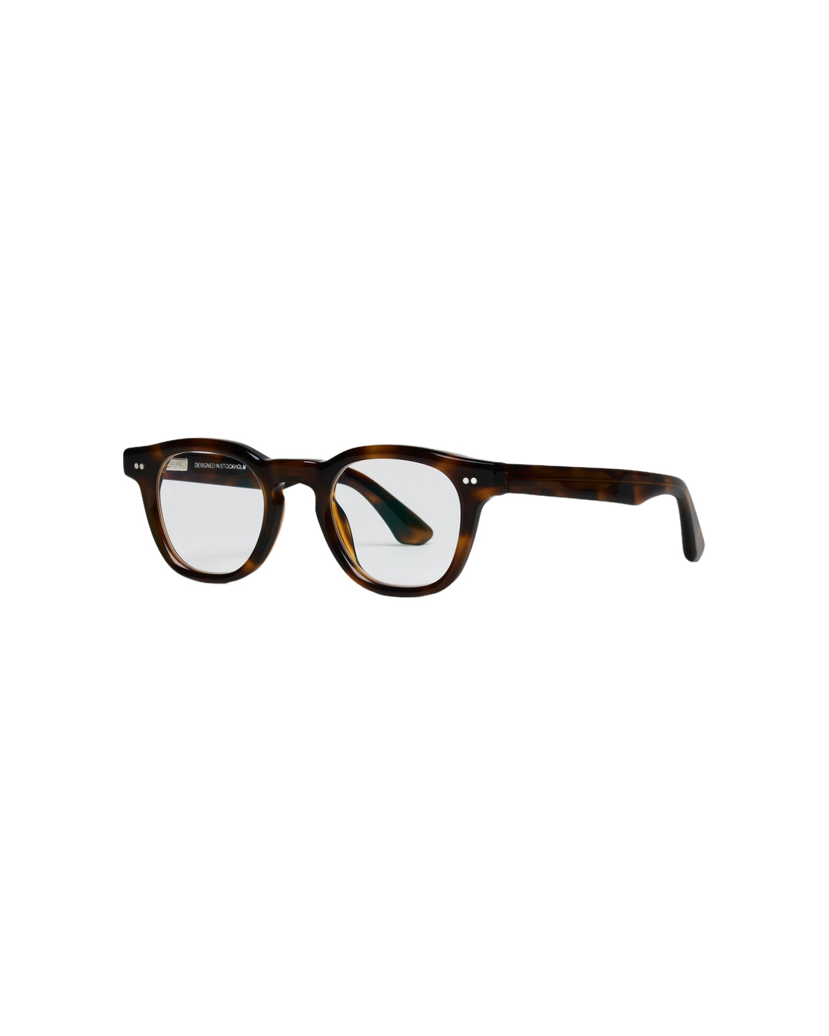 Angled side view of CHIMI 01 Core Tortoise Clear Eyeglasses