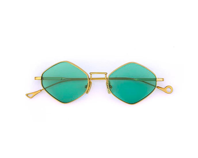 Front view of EYEPETIZER Derby C.4-56 sunglasses with diamond-shaped teal lenses and gold metal frames.