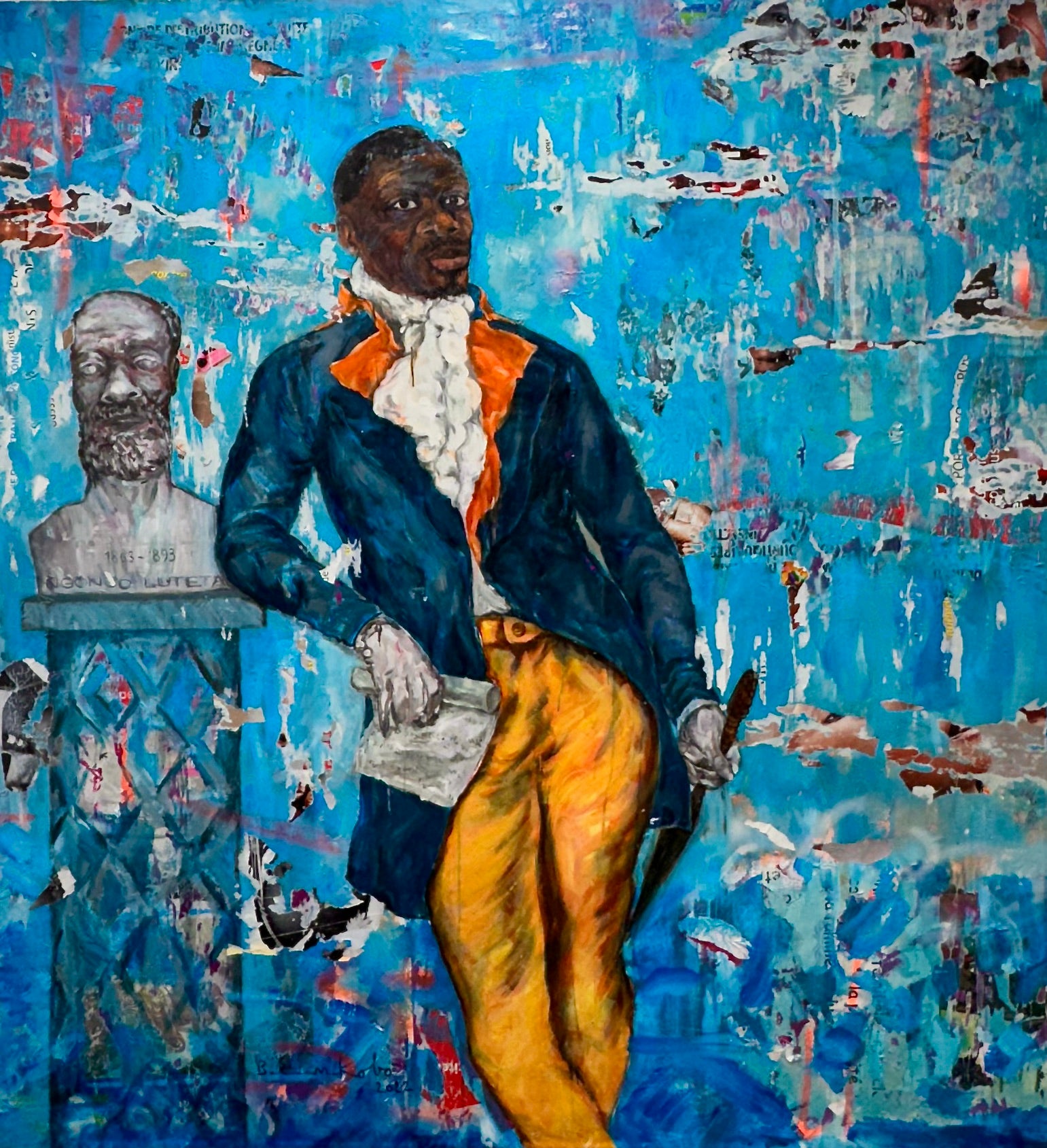 Artistic depiction of a person holding a document against a blue background with abstract elements.