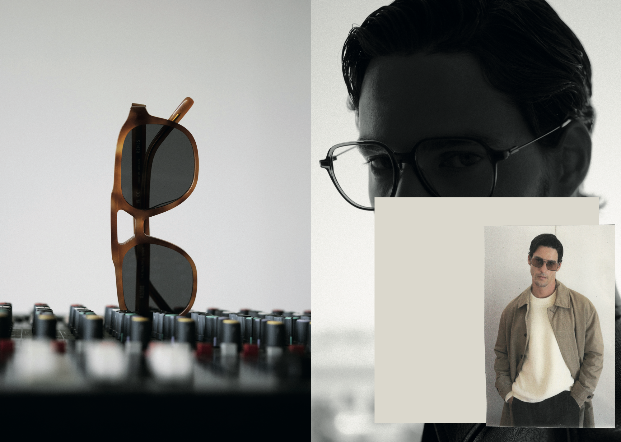 Sunglasses on a stand with a person wearing sunglasses in a photo.