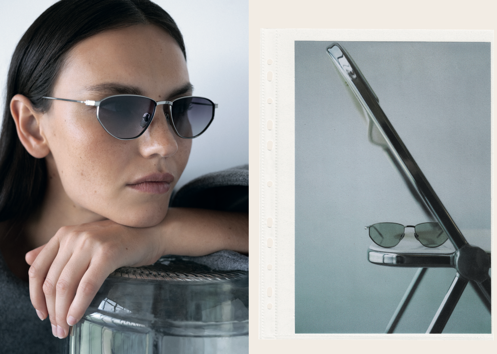 Woman wearing sunglasses with a close-up of sunglasses on a metallic surface.
