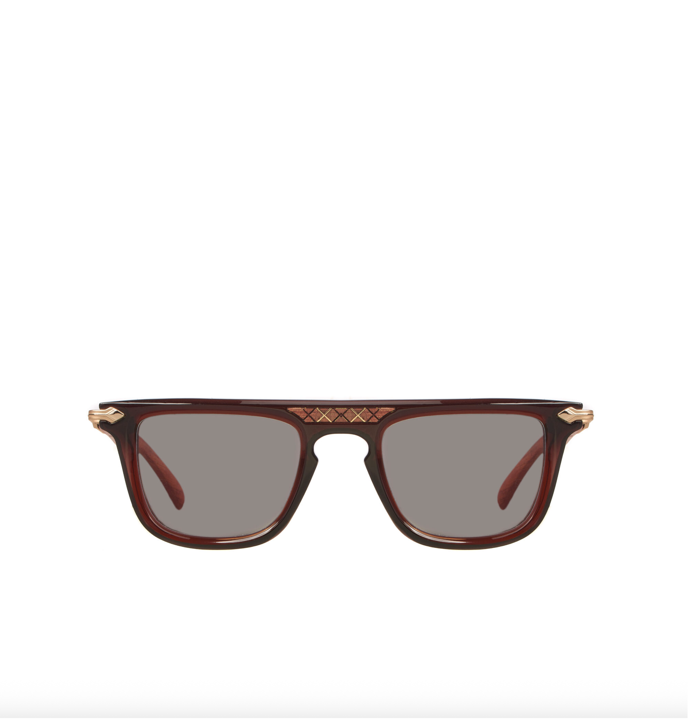 Sunglasses with a brown frame and gold accents on a white background