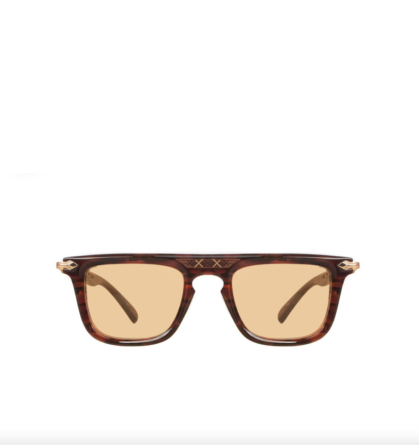 Sunglasses with tortoiseshell frame and gold accents on a white background