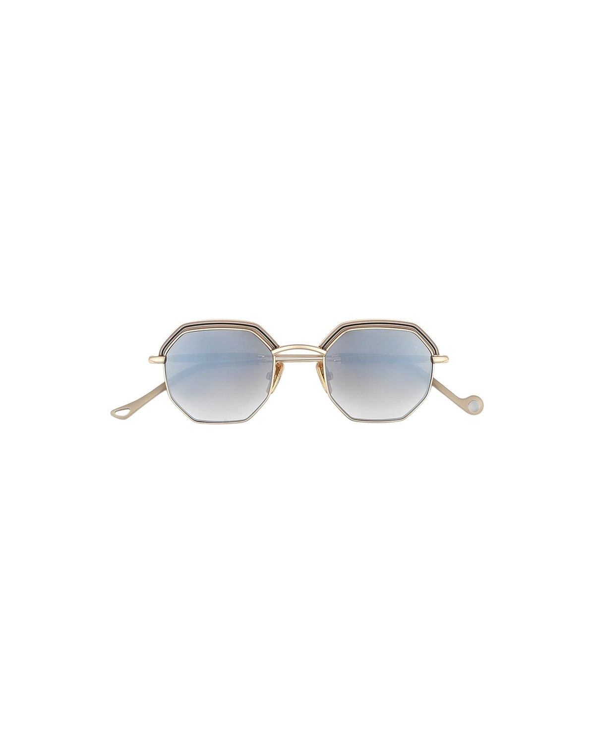 Front view of EYEPETIZER AIR C.9-18F sunglasses with hexagonal gold metal frames and gradient blue lenses.