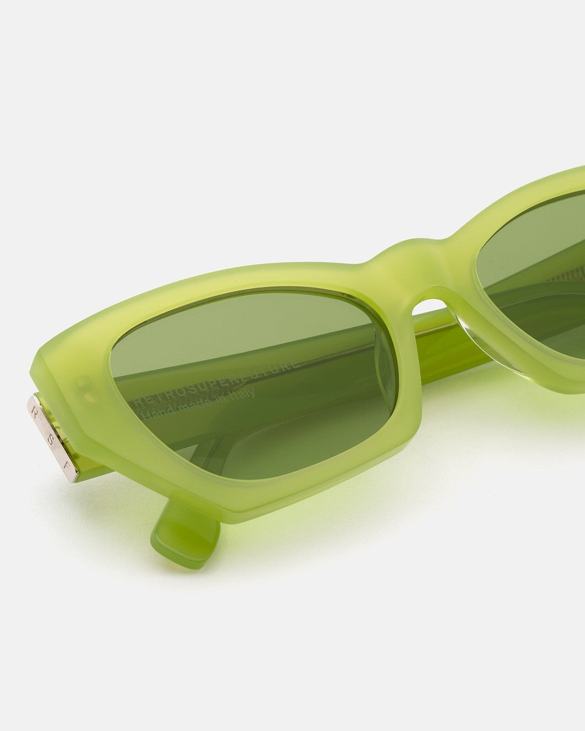 Close-up of the temple hinge on RETROSUPERFUTURE Amata Estate Menta sunglasses.