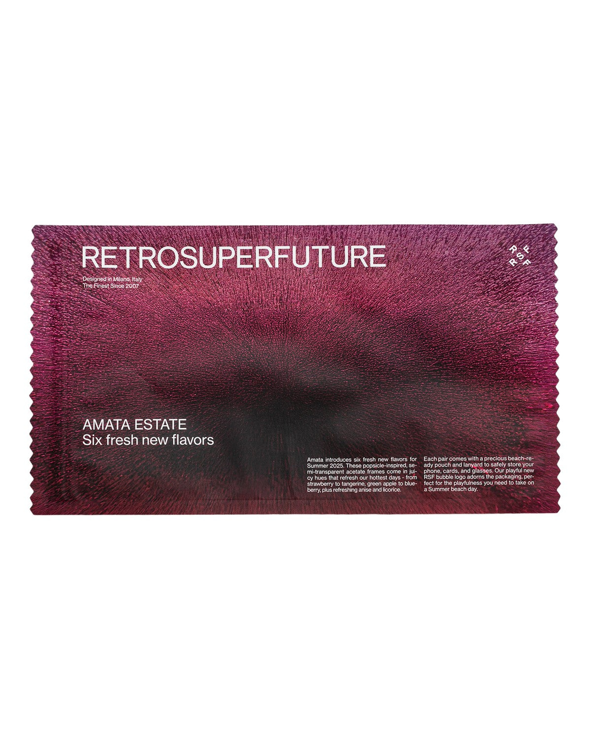 Front of burgundy microfiber cleaning cloth for RETROSUPERFUTURE Amata Estate Menta sunglasses.