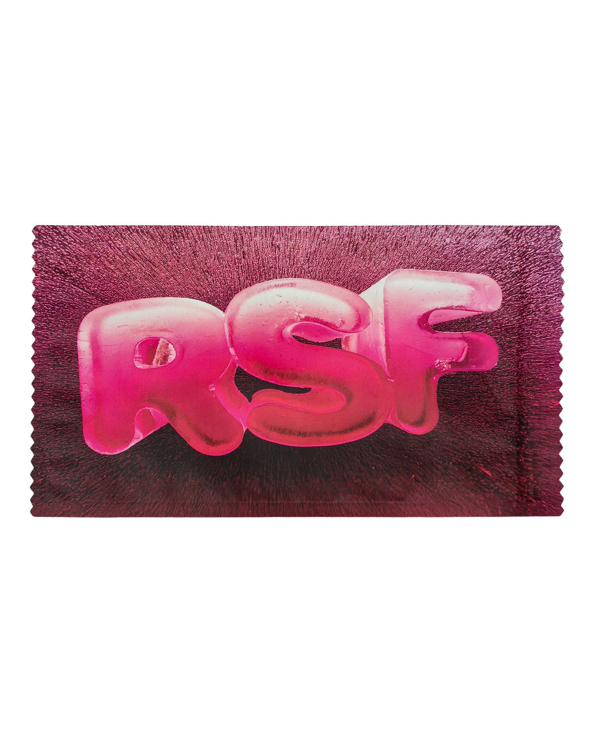 Back of burgundy microfiber cleaning cloth showing RSF branding for RETROSUPERFUTURE Amata Estate Menta sunglasses.