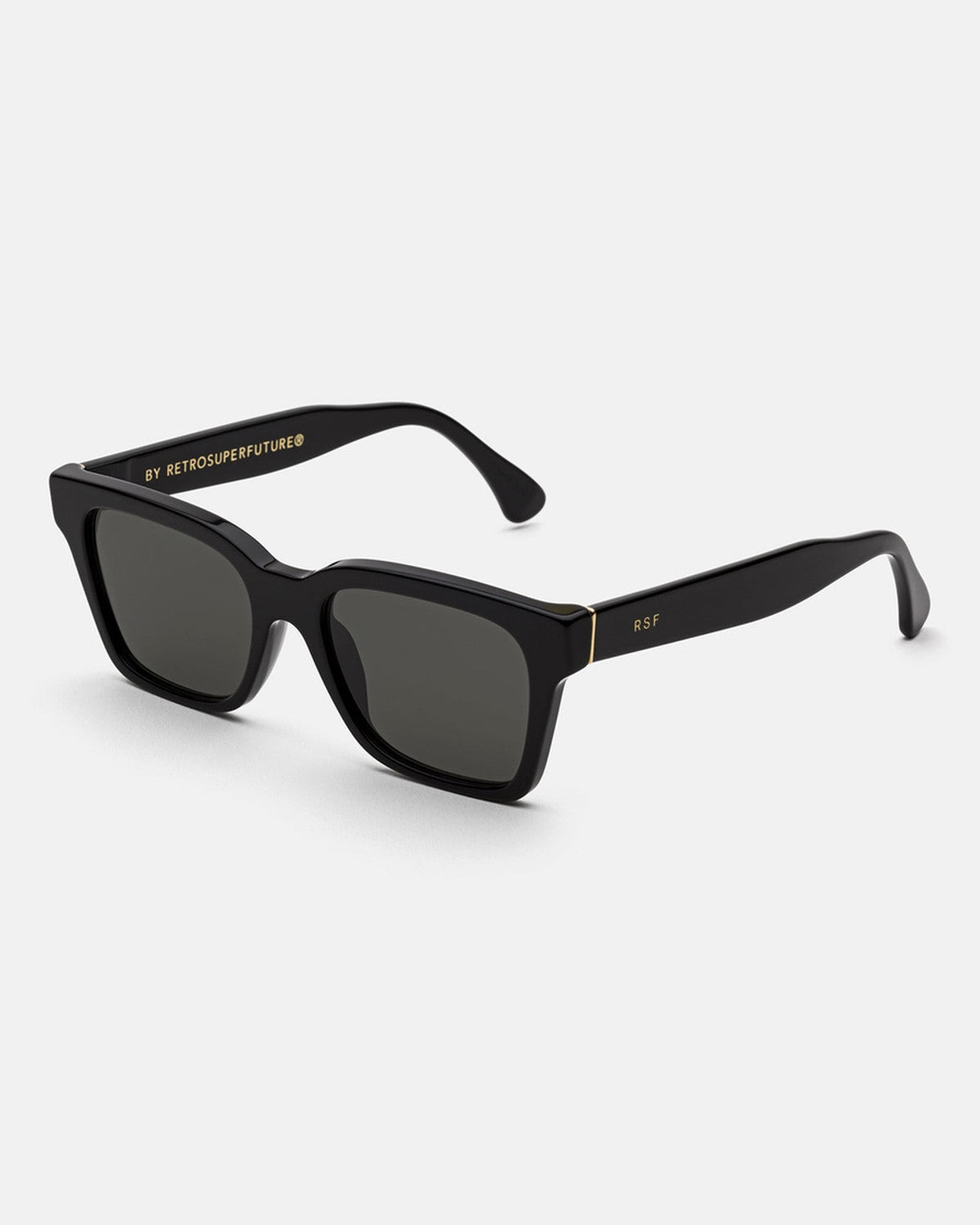 Angled view of RETROSUPERFUTURE America Black sunglasses showing temple and gold RSF logo.