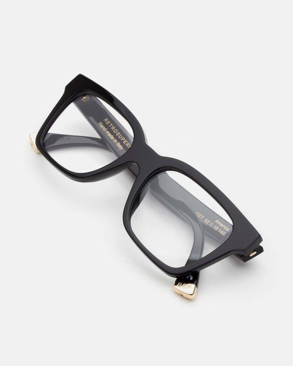 Overhead angle view of RETROSUPERFUTURE America Nero eyeglasses showing interior details.