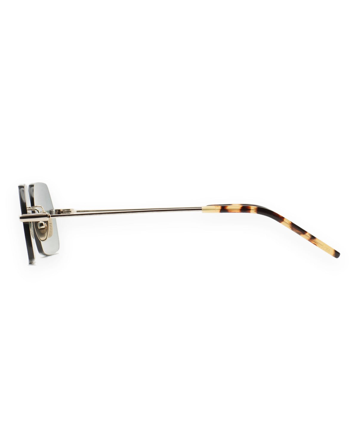 Side profile of KALEOS Anselm Gold Gradient Green sunglasses showing the gold temple and tortoiseshell temple tips.