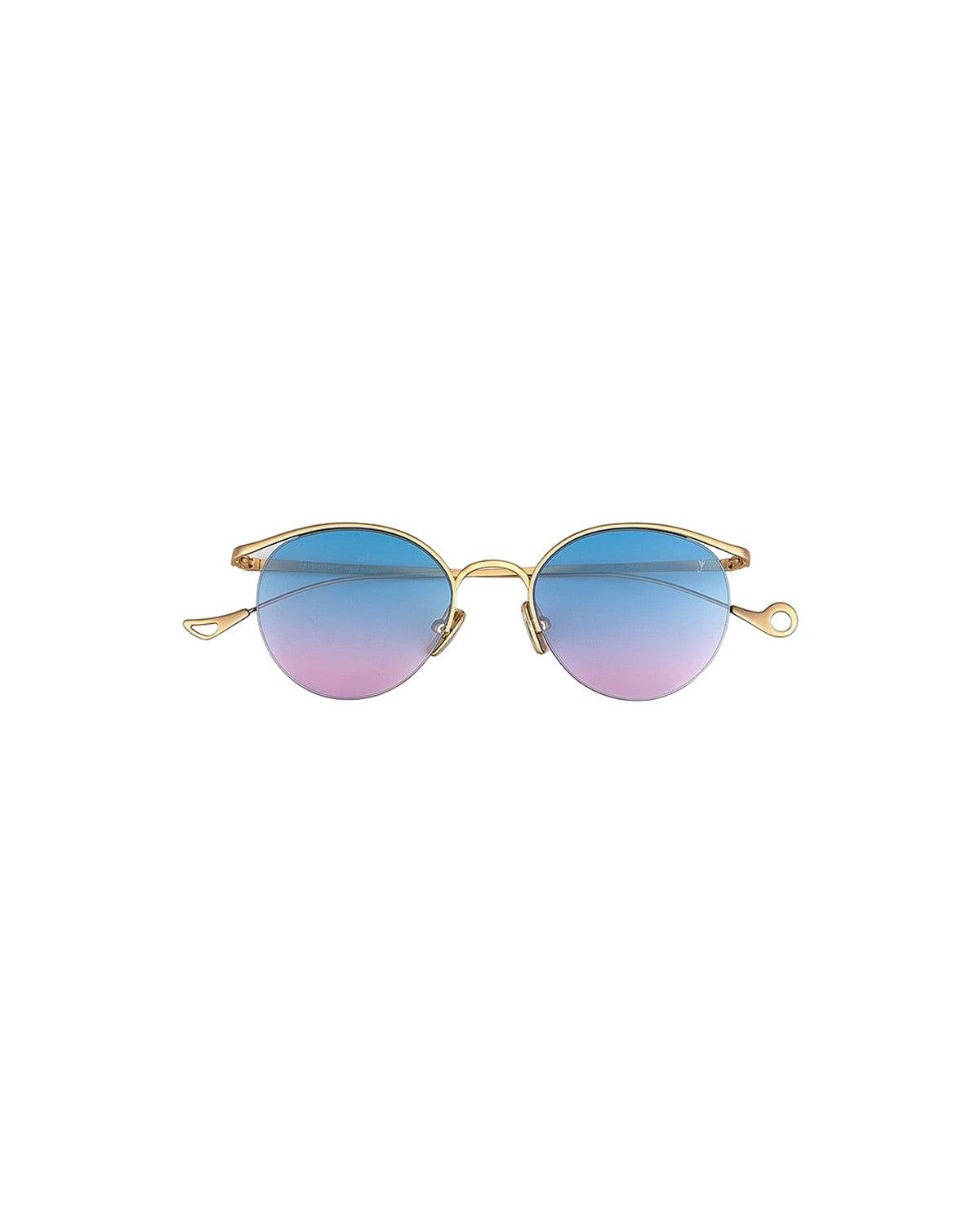 Front view of EYEPETIZER AUGUSTO C.4-OP-42F sunglasses with gold frames and blue-to-pink gradient lenses.
