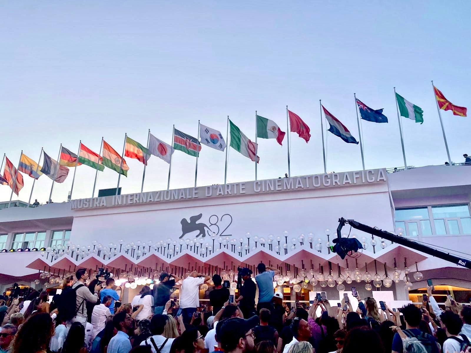 Cinema festival with attendees and flags in front of a large building.