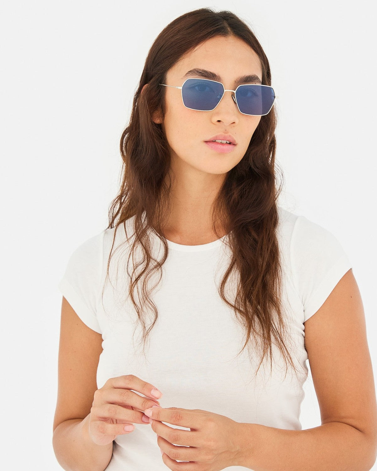 Model wearing RETROSUPERFUTURE Balarm Bluissimo sunglasses.