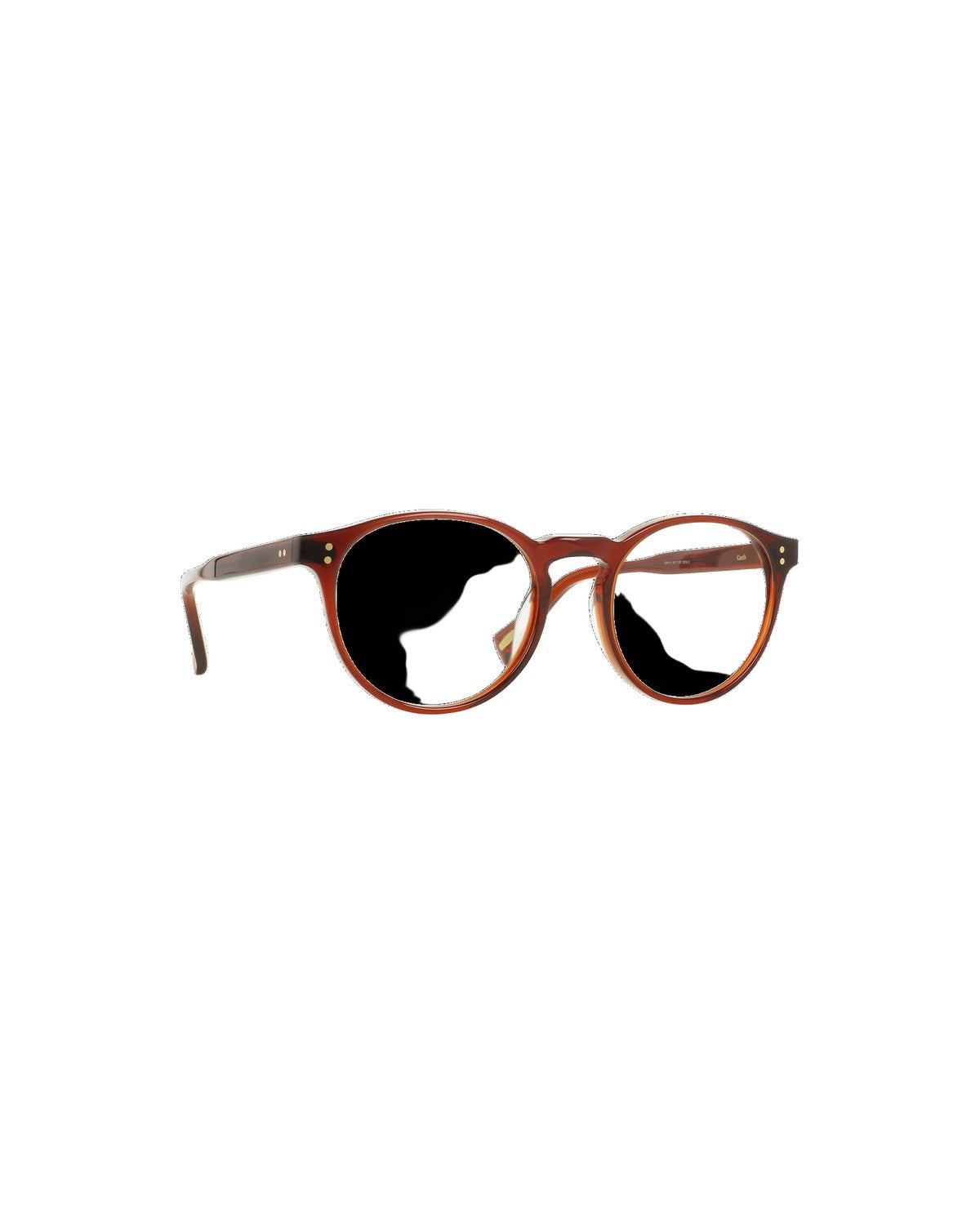 Angle view of RAEN Beal 50 Cask Clear eyeglasses with clip-on sunglasses lenses partially attached.