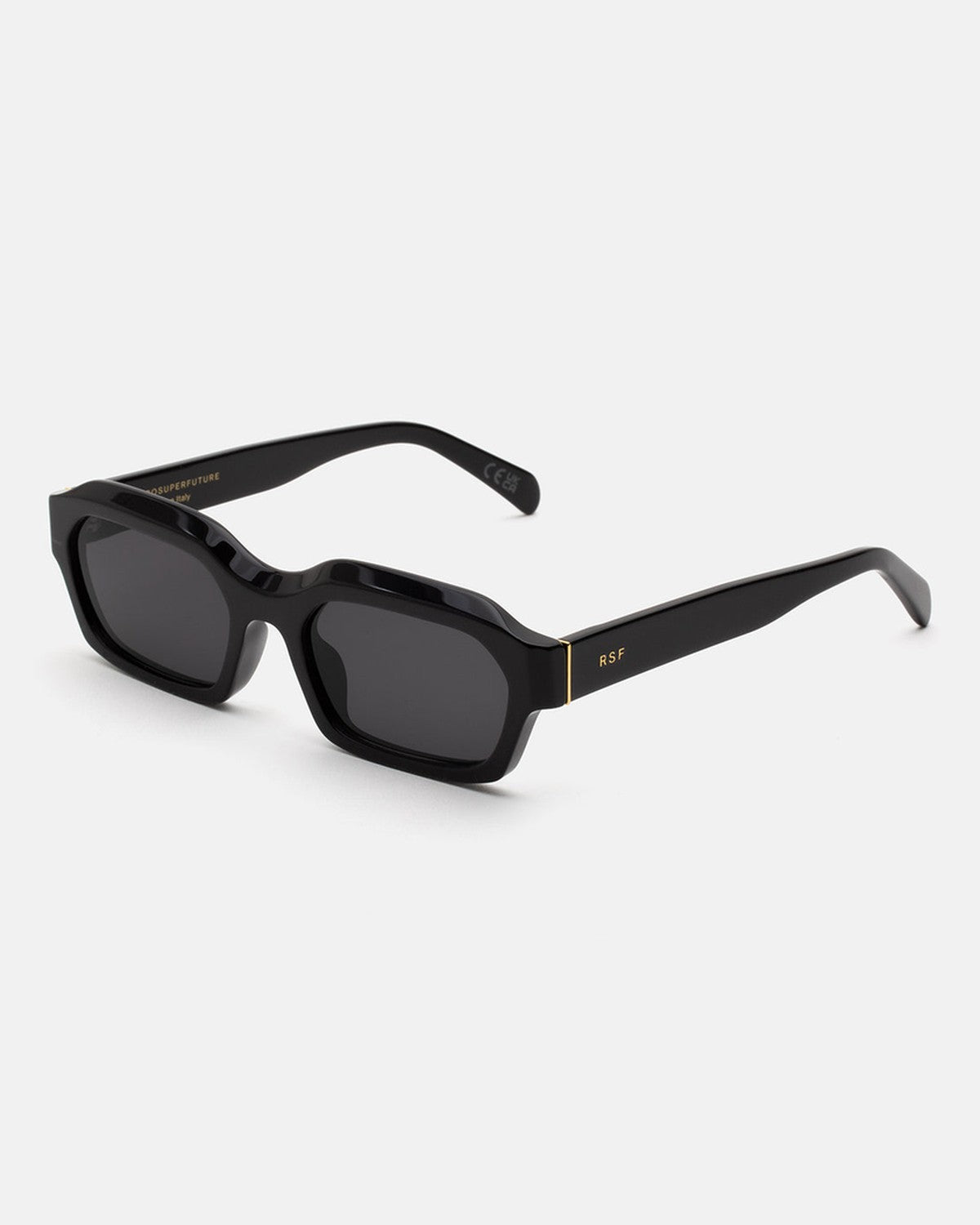 Angle view of RETROSUPERFUTURE Boletus Black sunglasses showing RSF logo on temple.