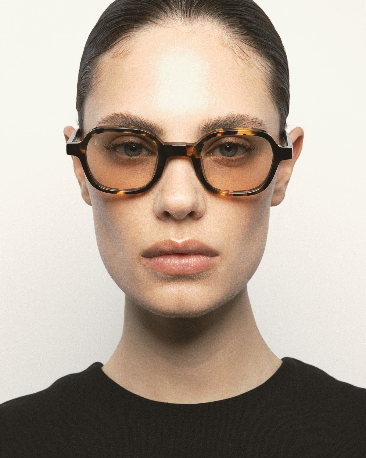 Front try-on view of KALEOS Castillo Dark Havana Yellow sunglasses.