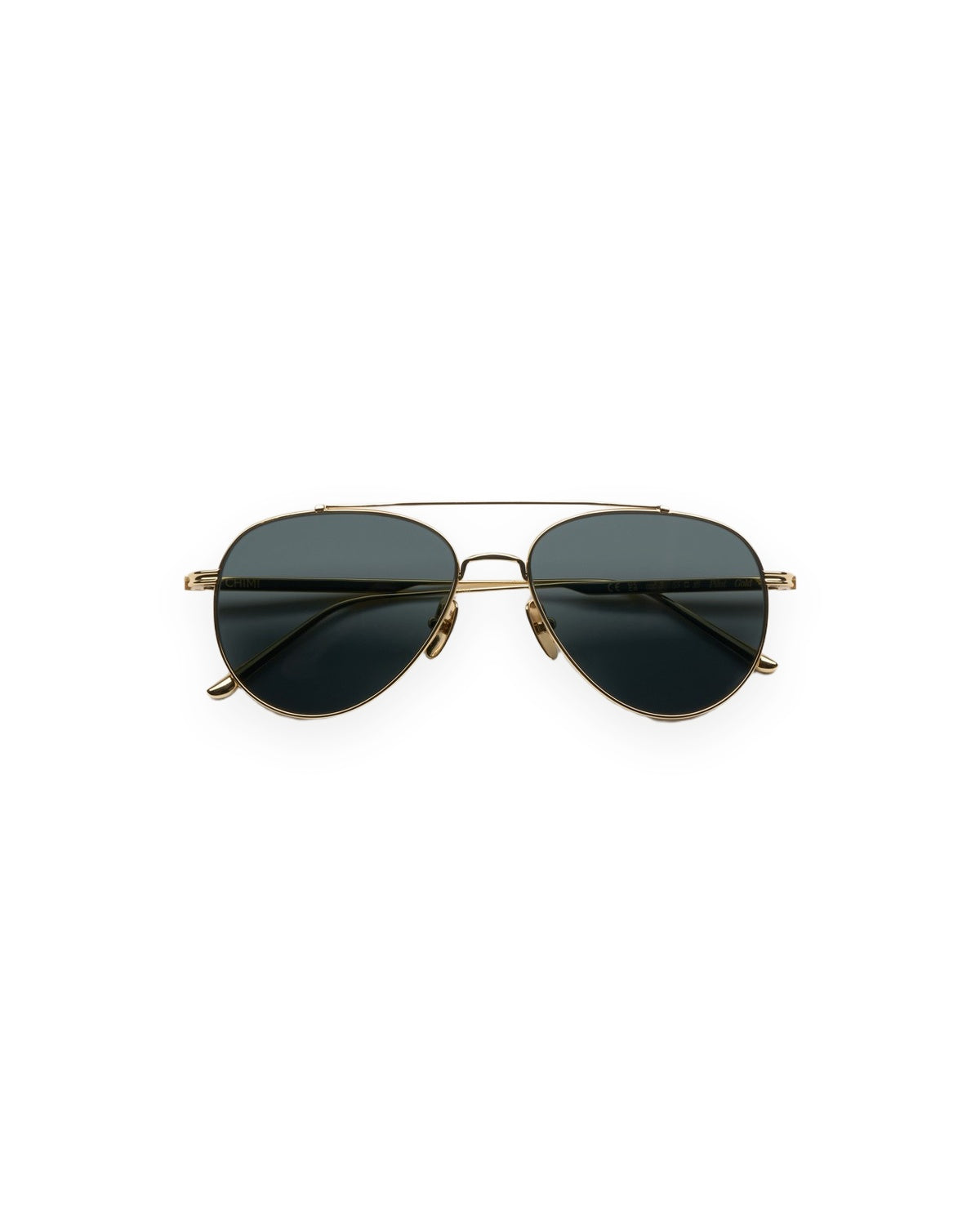 Flat lay front view of CHIMI CC Titan Pilot Gold Brown sunglasses.