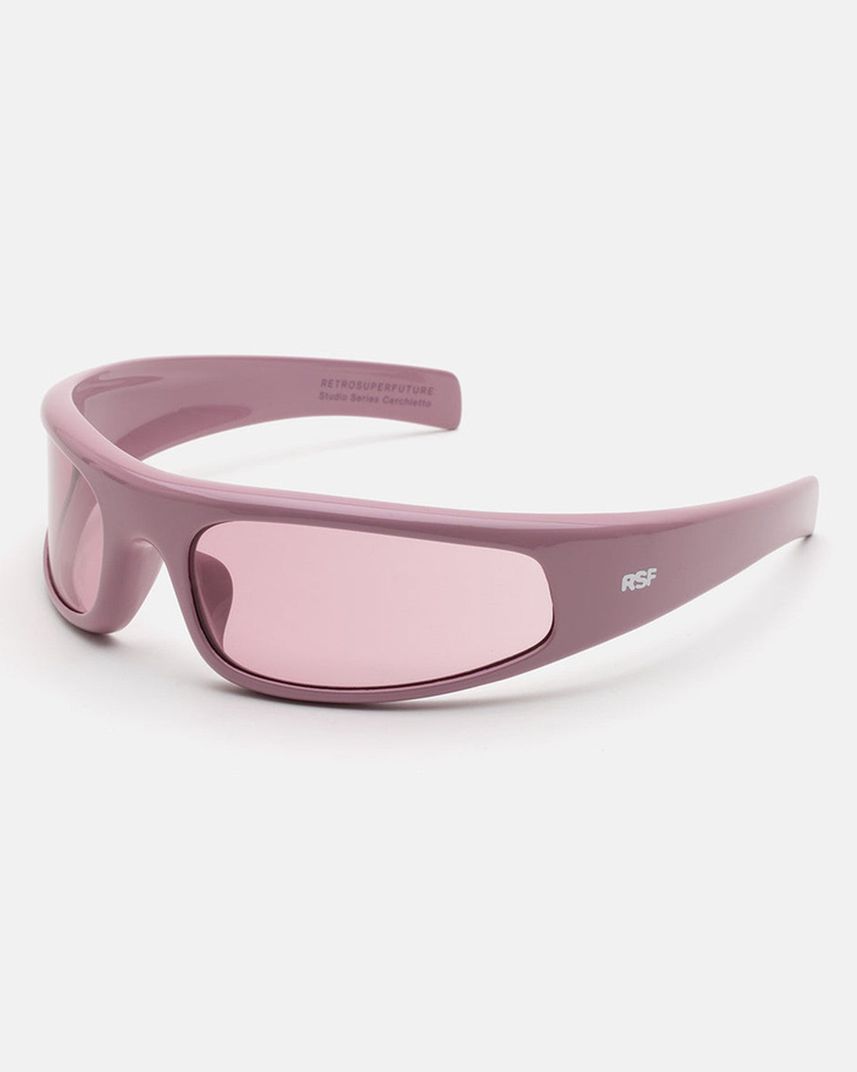 Angle view of RETROSUPERFUTURE Cerchietto Caramella sunglasses showing the wrap-around shield design.
