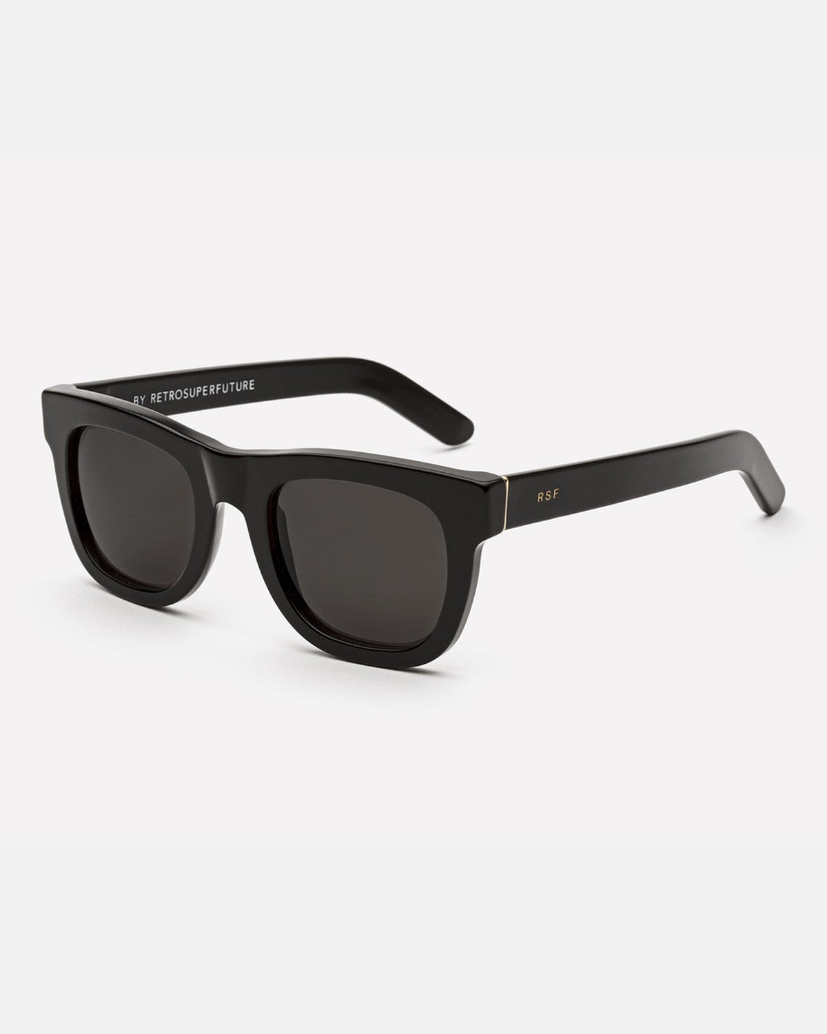 Angle view of RETROSUPERFUTURE Ciccio Black sunglasses showing temple detail.