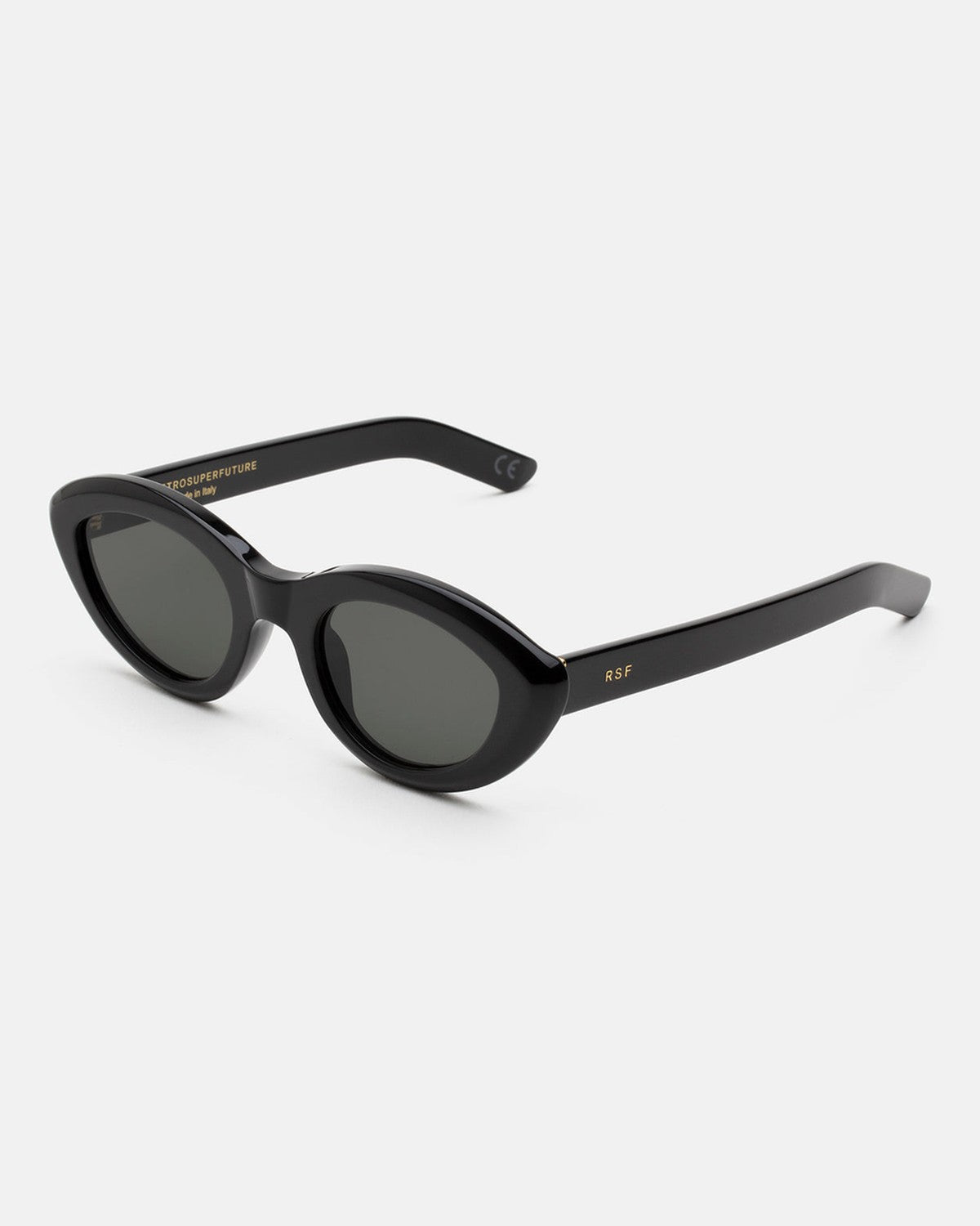 Angle view of RETROSUPERFUTURE Cocca Black sunglasses showing the temple and R&F logo detail.