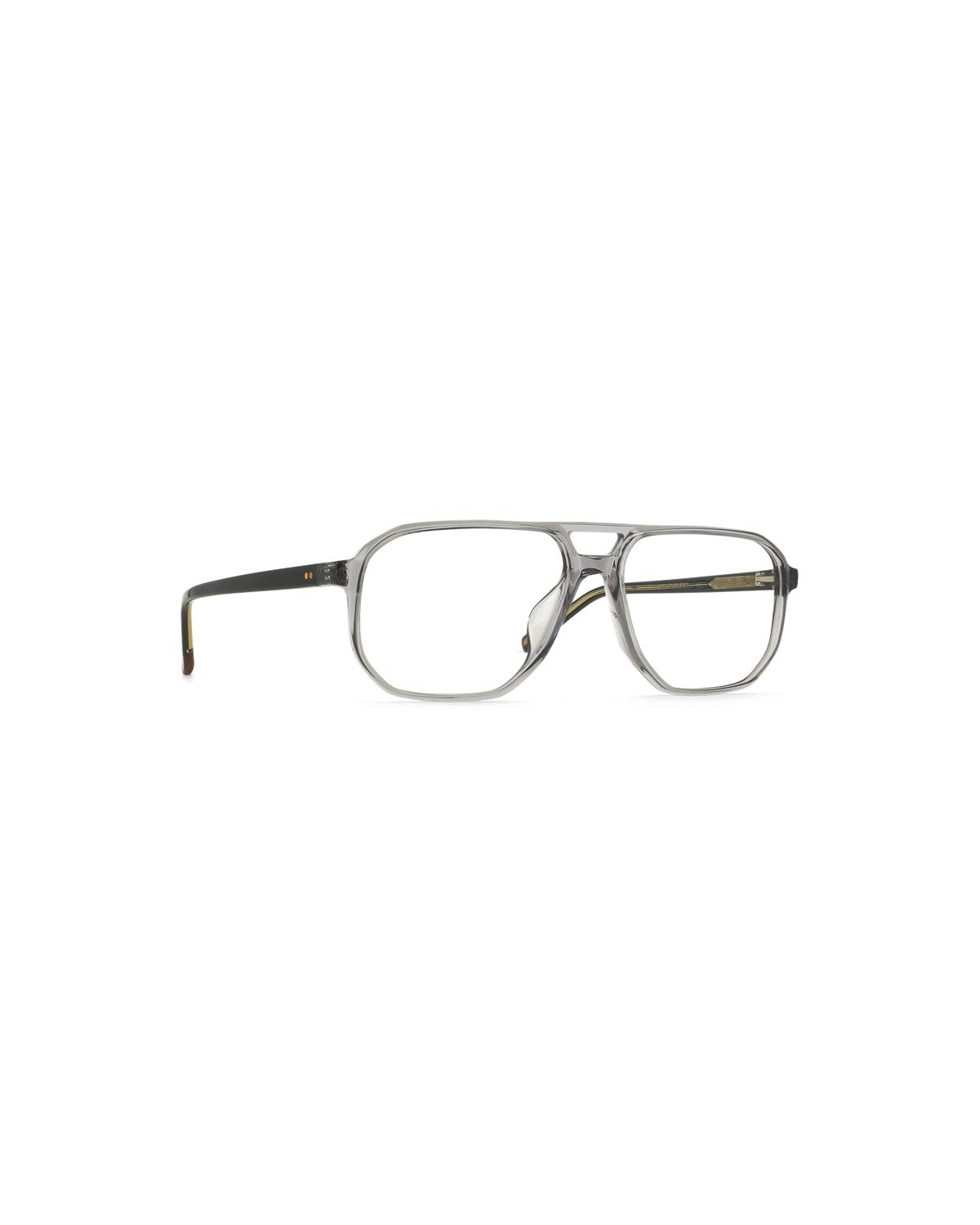 Angled view of RAEN Crom 56 Flint Clear eyeglasses showing the double bridge detail.