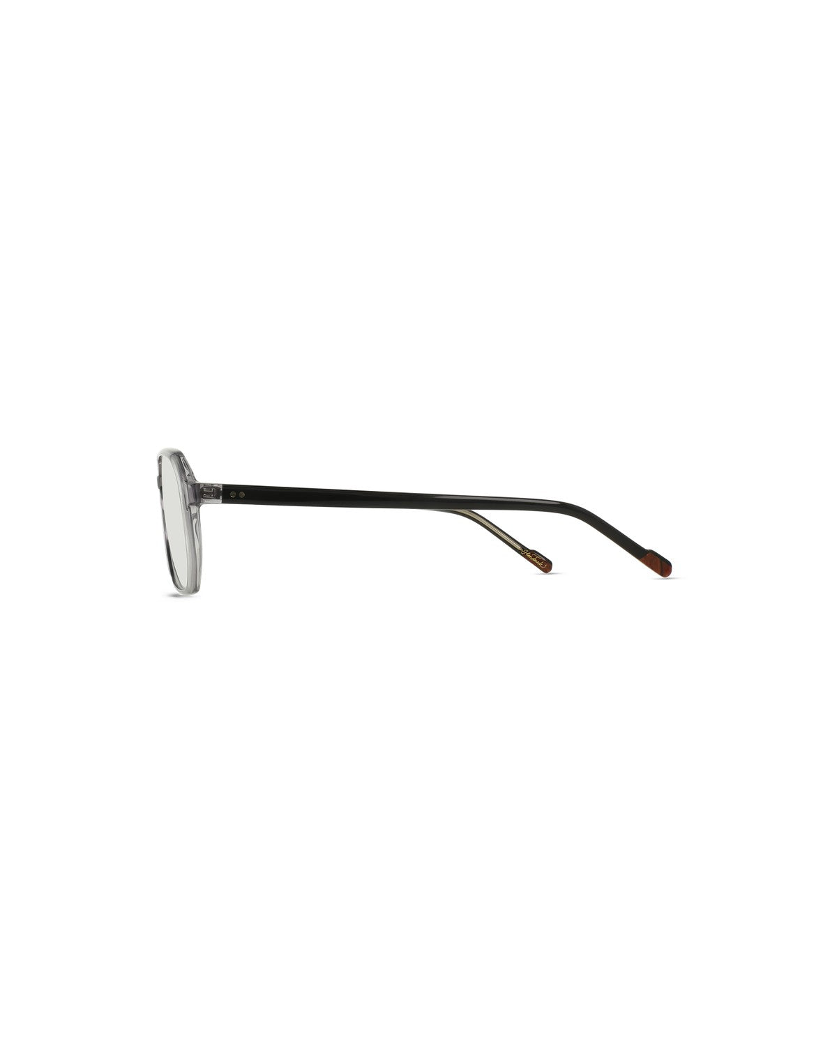 Side profile of RAEN Crom 56 Flint Clear eyeglasses showing the temples.
