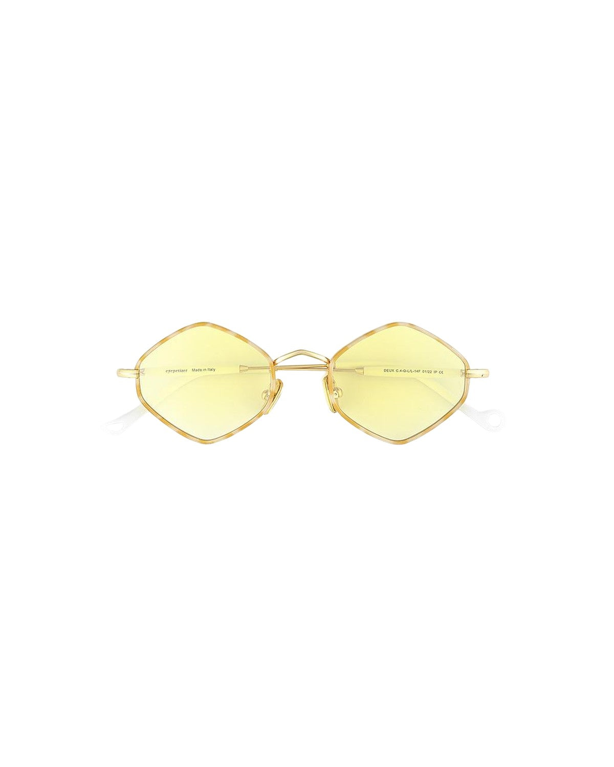 Front view of EYEPETIZER DEUX C.4-Q-L/L-14F sunglasses with geometric yellow lenses and gold metal frames.