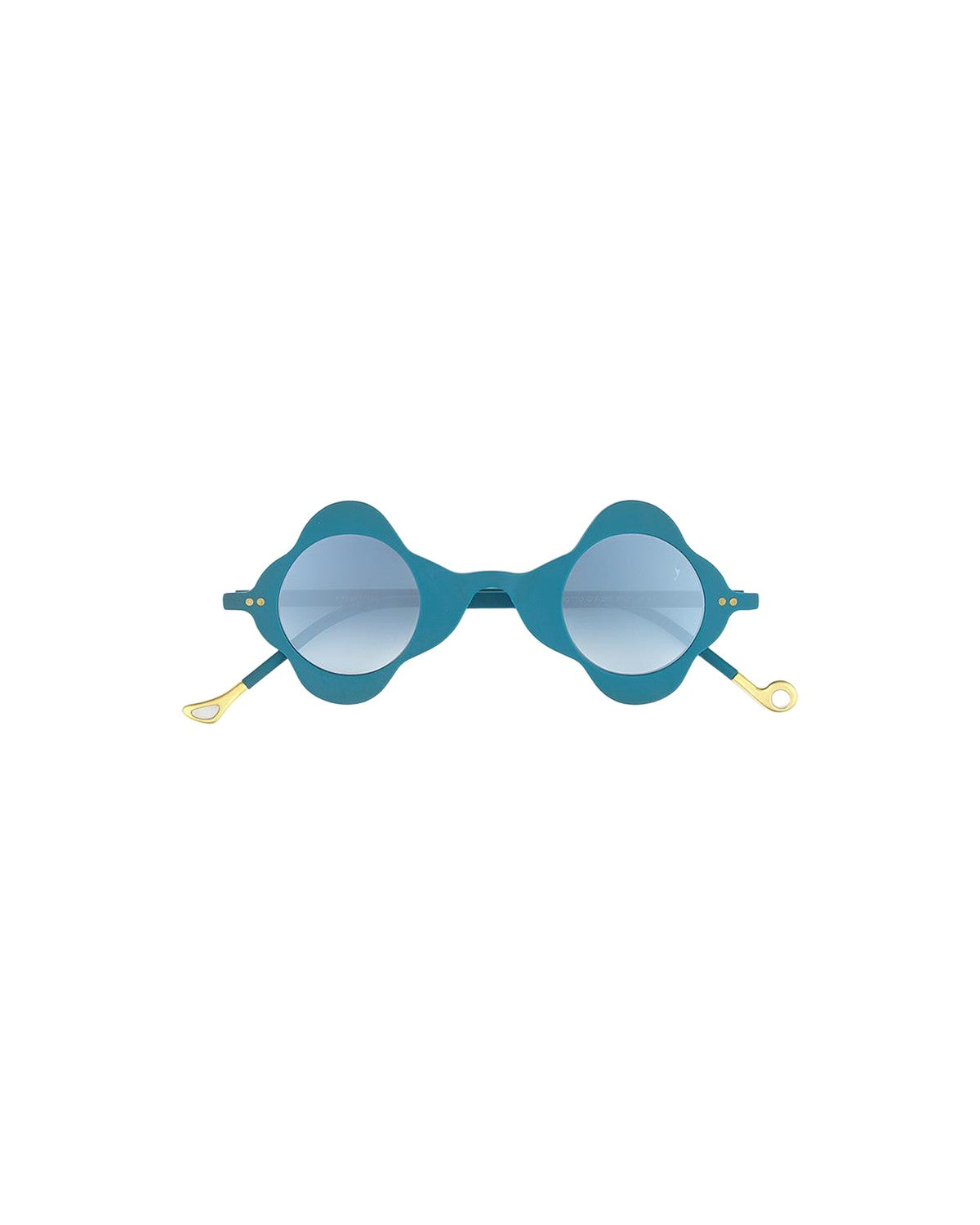 Front view of EYEPETIZER DICIOTTO C.T-26F sunglasses with round blue frames and gold temple tips.