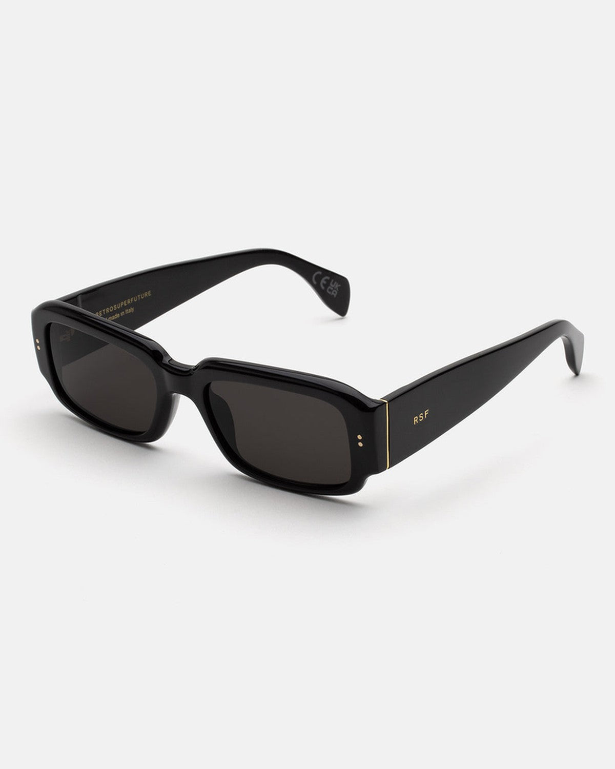 Angled view of RETROSUPERFUTURE Etrusco Black sunglasses showing the left temple.