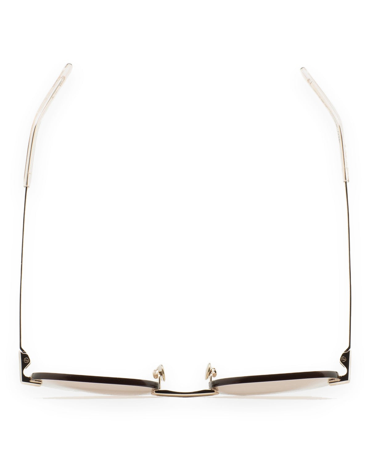 Top-down view of KALEOS Fuentes Gold Brown Photochromic sunglasses showing the bridge and open temples.