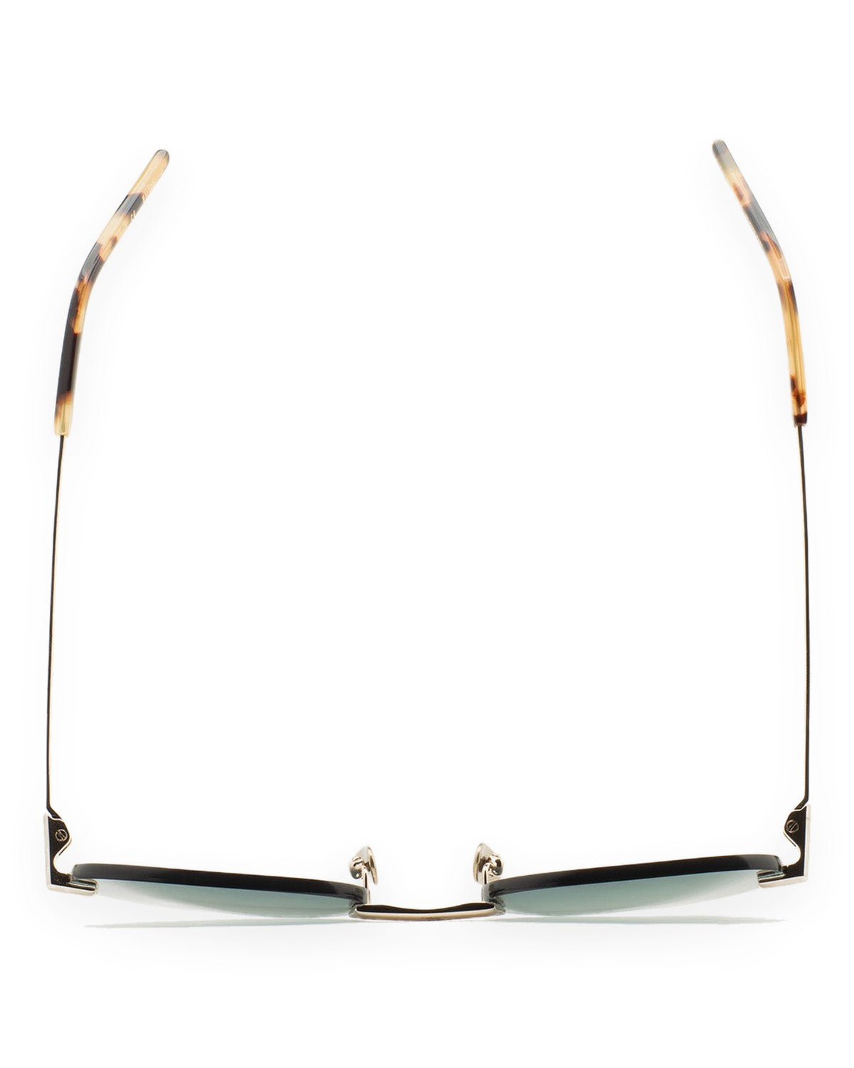 Front view from above showing the bridge and temples of KALEOS Fuentes Gold Gradient Green sunglasses.