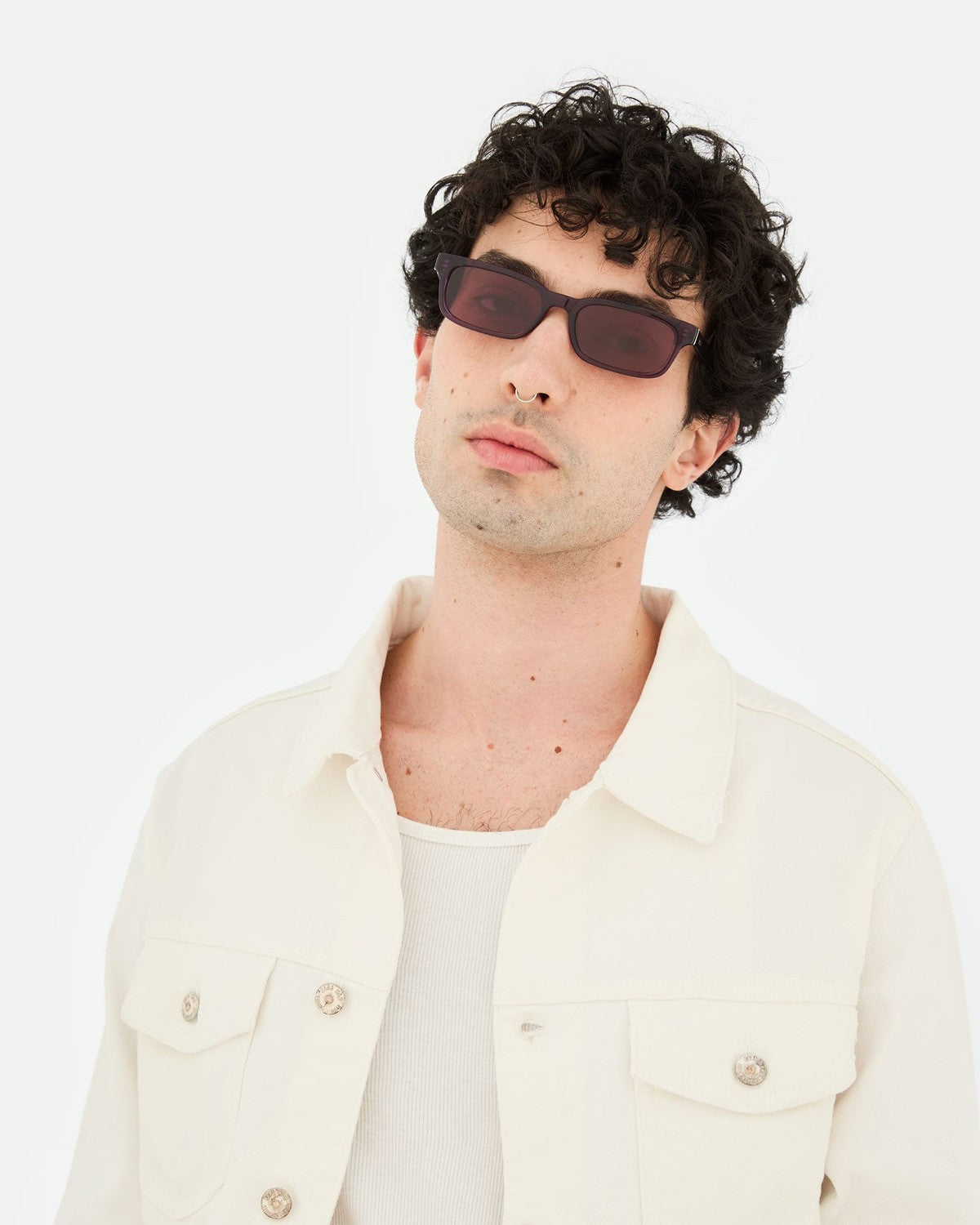 Model wearing RETROSUPERFUTURE Gesto Melanzana sunglasses, straight-on view.
