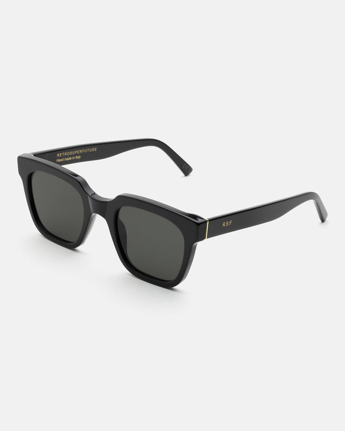 Angle view of RETROSUPERFUTURE Giusto Black sunglasses showing left temple and RSF branding.