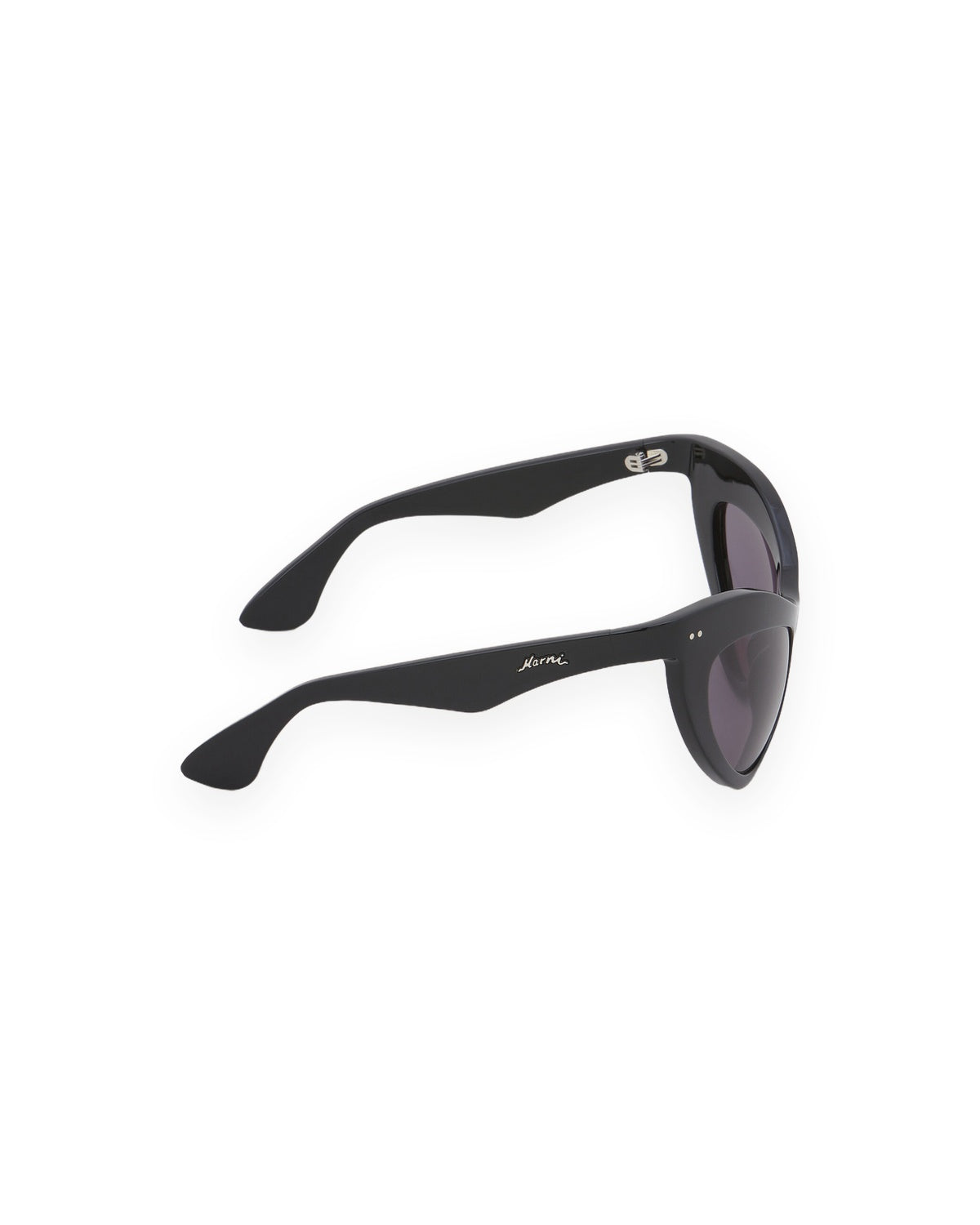 Angle view of MARNI Holoholona Black sunglasses showing the right temple.