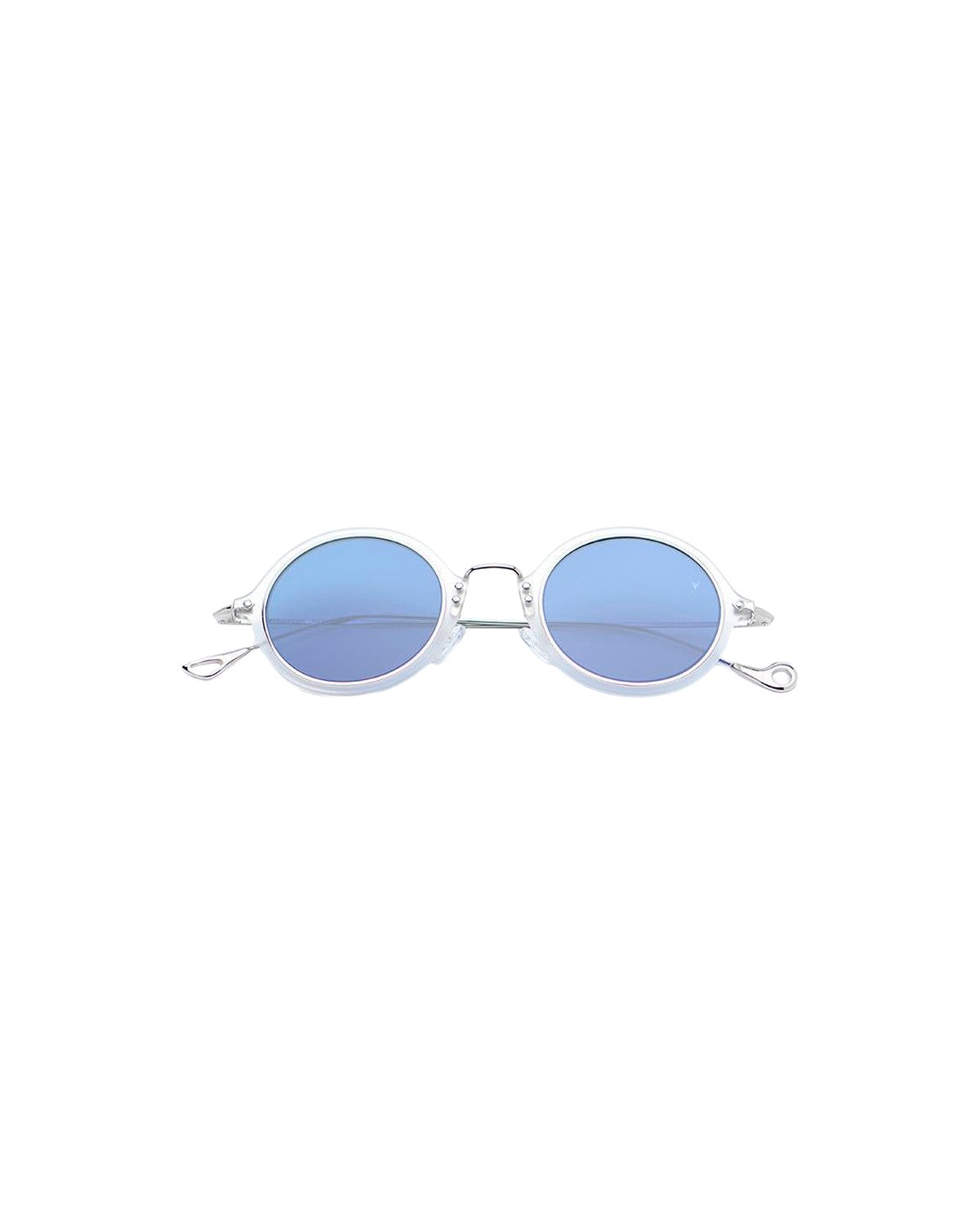 Front view of EYEPETIZER HUXLEY C.F-1-2 sunglasses with oval blue lenses and silver wire frames.