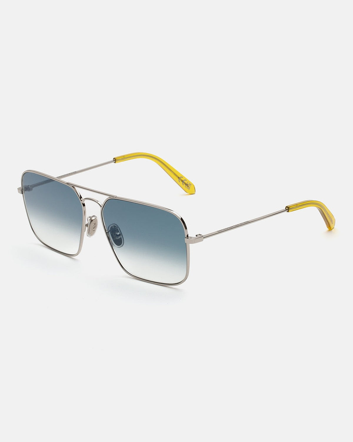 Angled view of RETROSUPERFUTURE Iggy 2.0 Fadeism Azure sunglasses showing yellow temple tips.