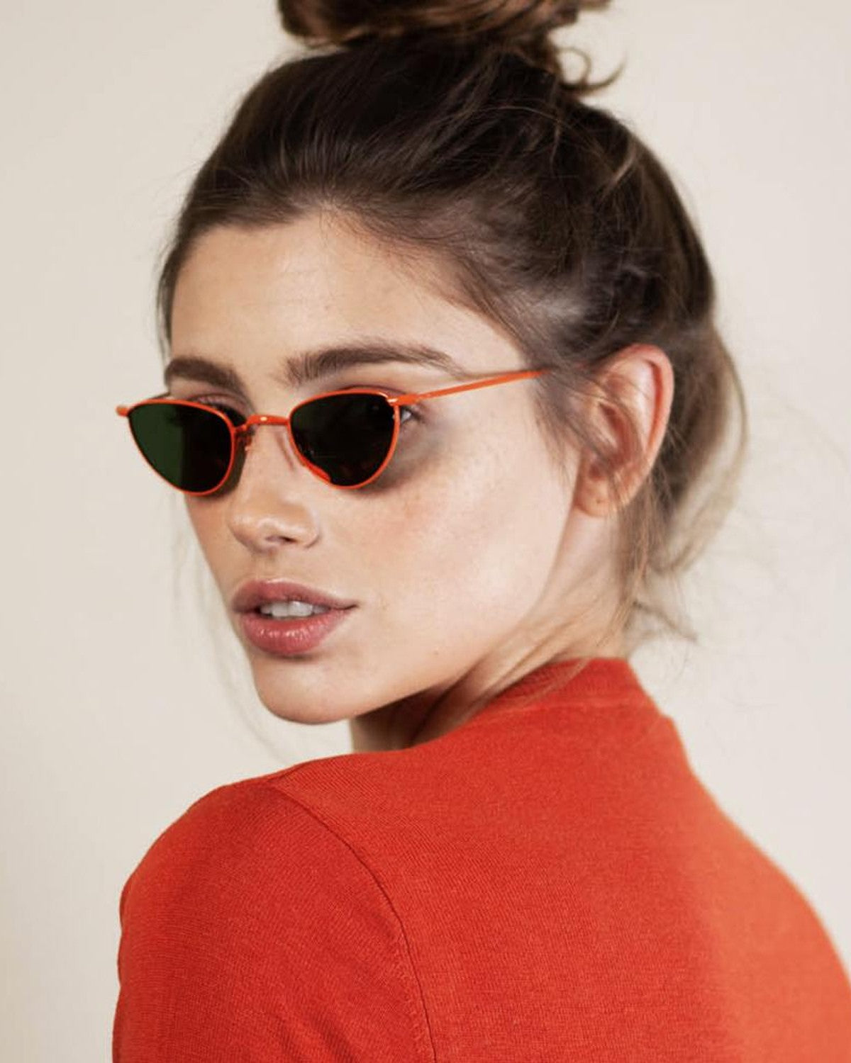 Model wearing EYEPETIZER JANE C.13-37 sunglasses with hair pulled back.