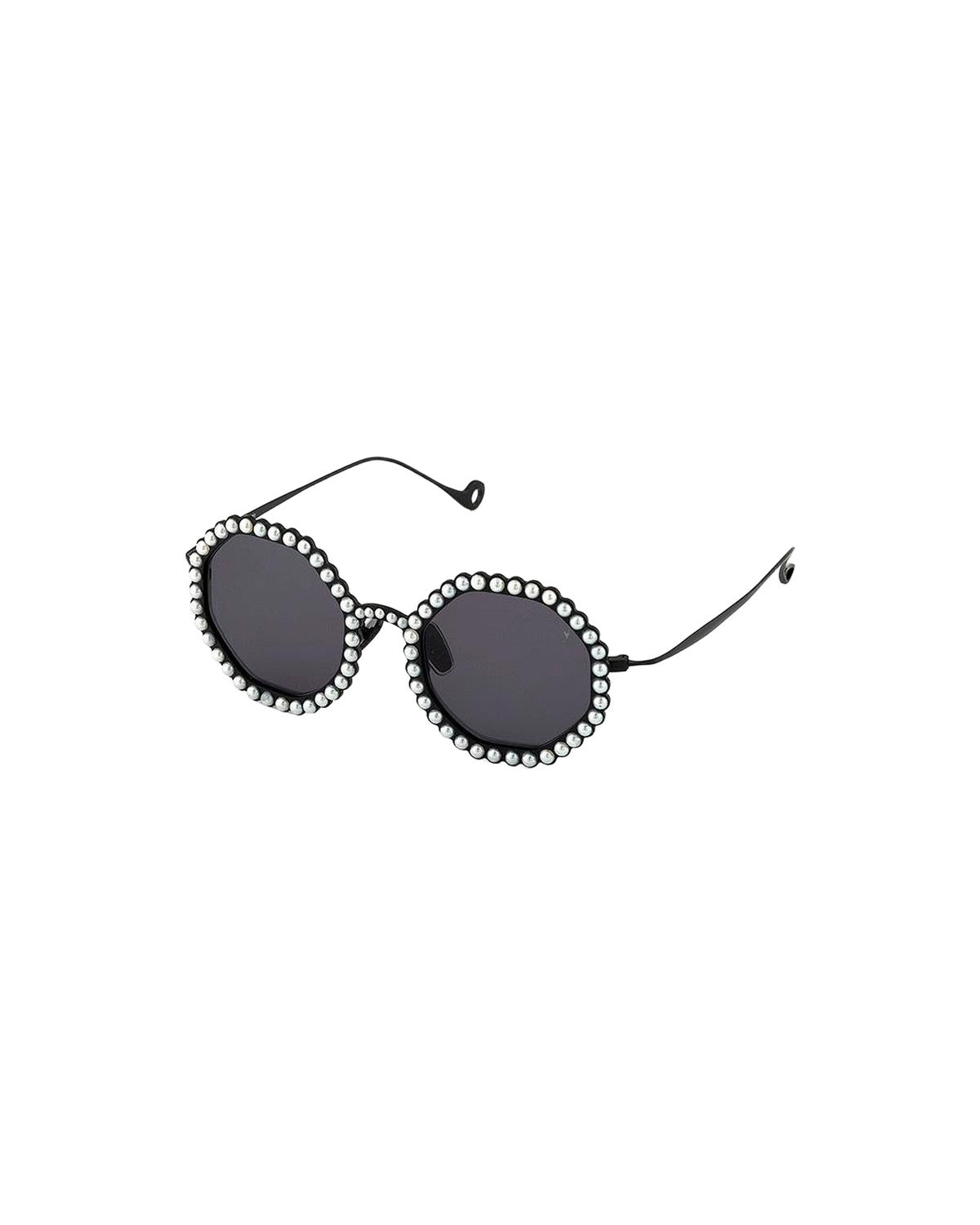 Angled view of EYEPETIZER JORDAN C.6-7 sunglasses showing the temple and pearl-adorned round lenses.