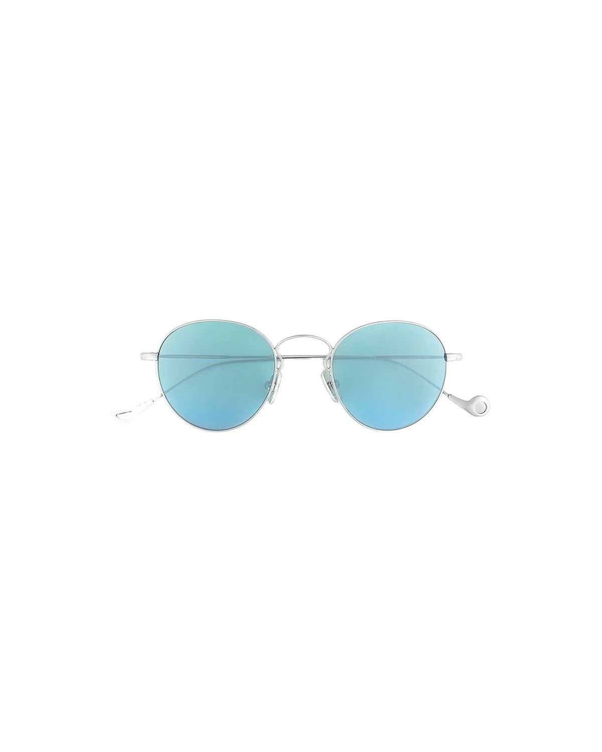 Front view of EYEPETIZER JULIEN C.1-43F sunglasses with round blue lenses and silver metal frames.
