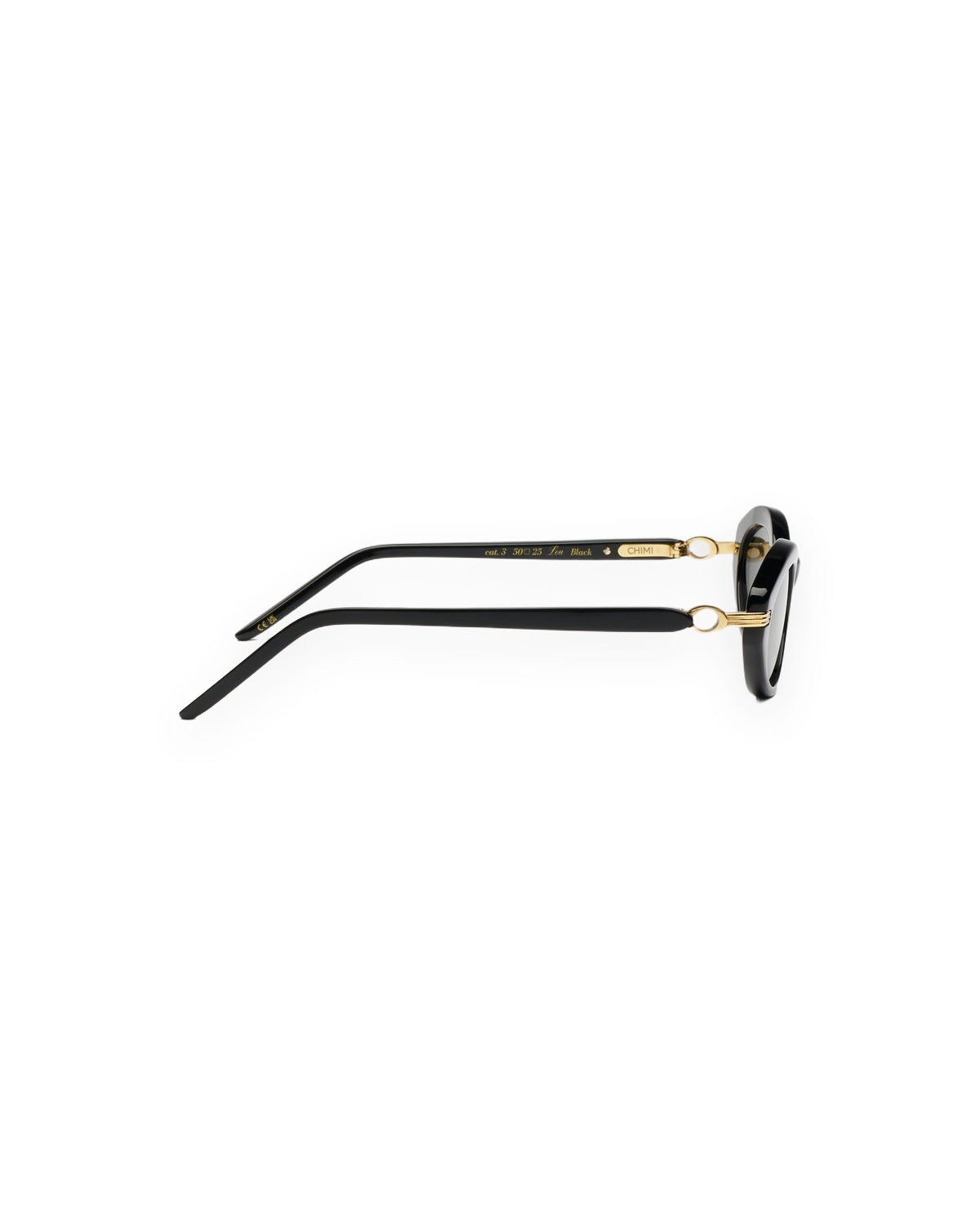 Side profile showing the temple and gold hardware on CHIMI Lou Black sunglasses.