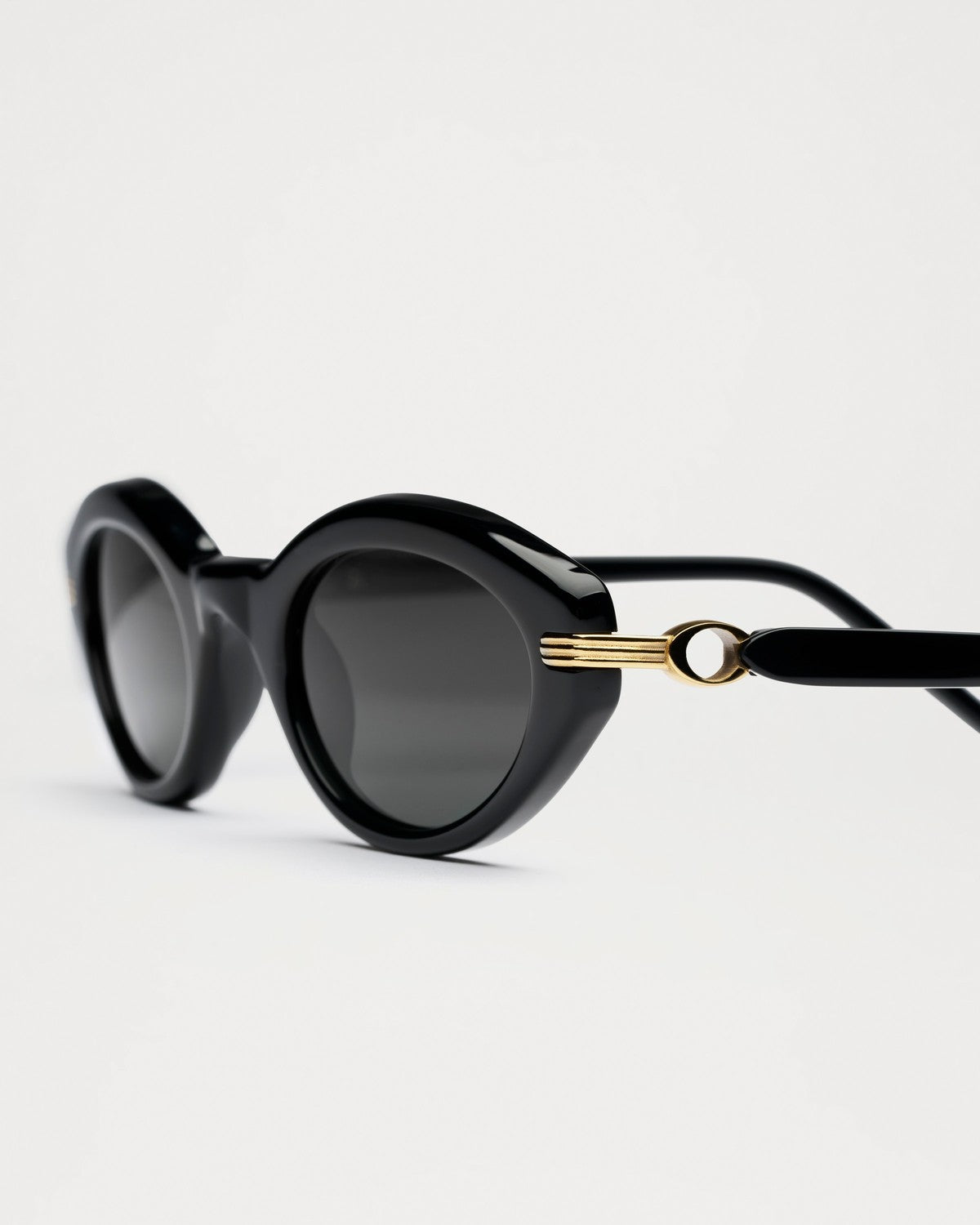Close-up of the gold temple hardware detail on CHIMI Lou Black sunglasses.