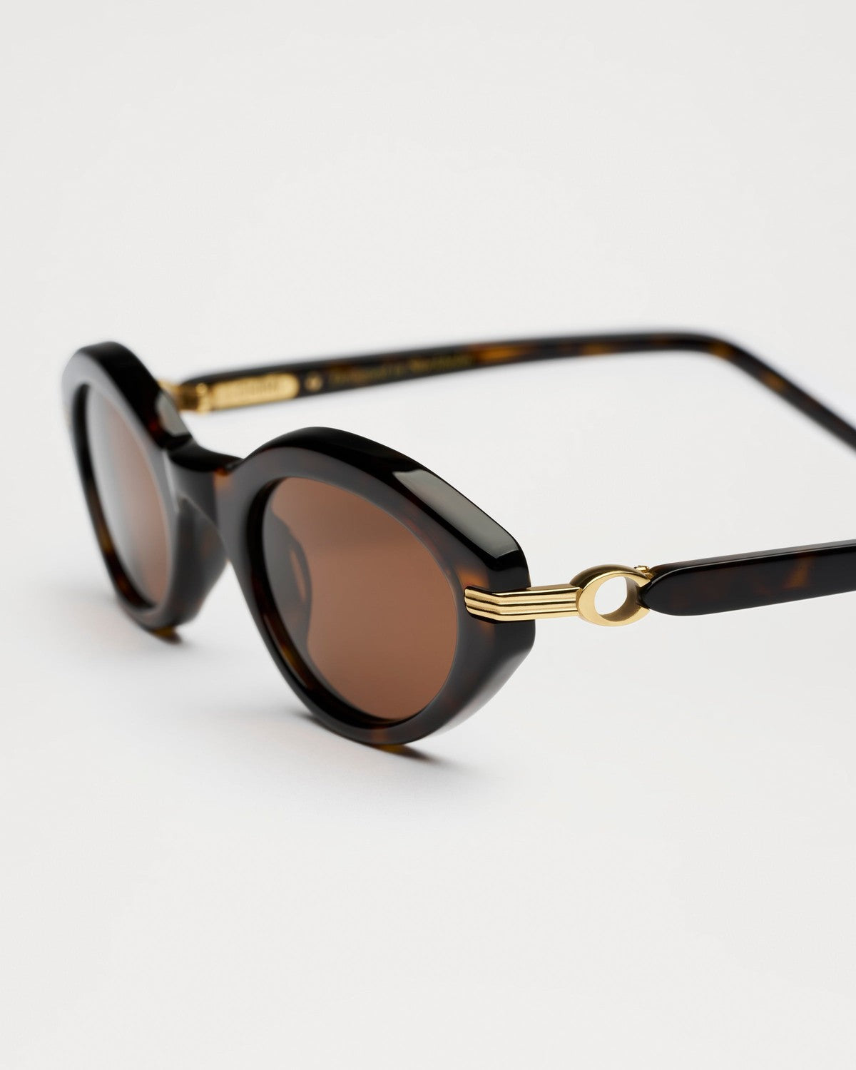 Close-up of the gold hinge and temple detail on CHIMI Lou Terra Tortoise Brown sunglasses.