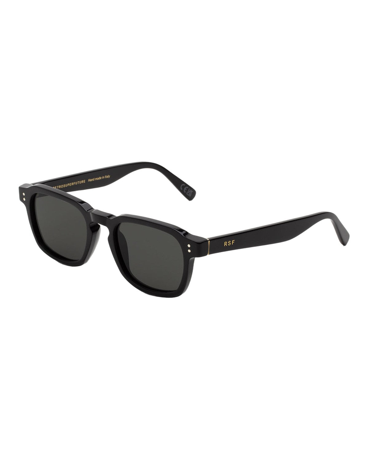Angled view of RETROSUPERFUTURE Luce Black sunglasses showing the temple and frame details.