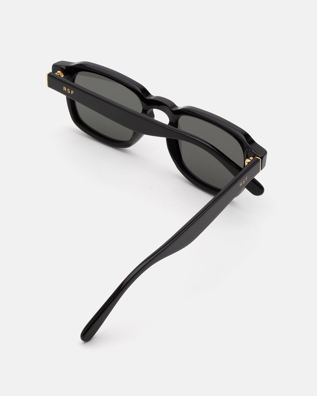 Overhead view of folded RETROSUPERFUTURE Luce Black sunglasses showing the hinges and temple construction.