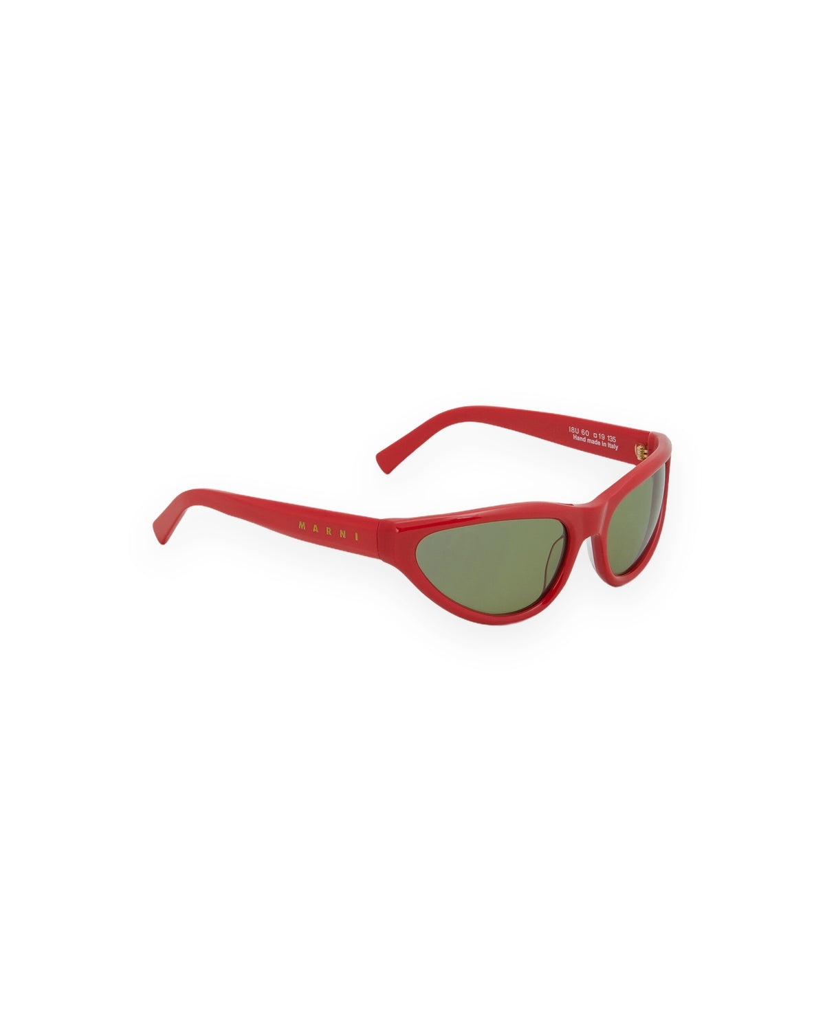 Angled view of MARNI Mavericks Red sunglasses showing the temple.