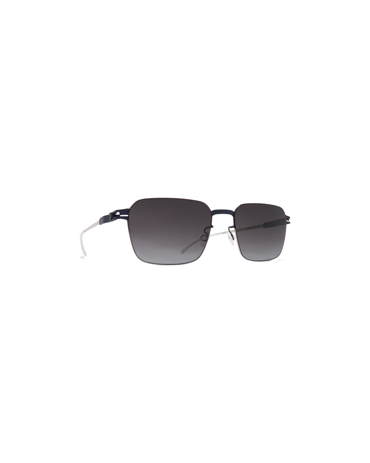 Angle view of MYKITA Arvin Silver/Indigo sunglasses showing the temple detail.