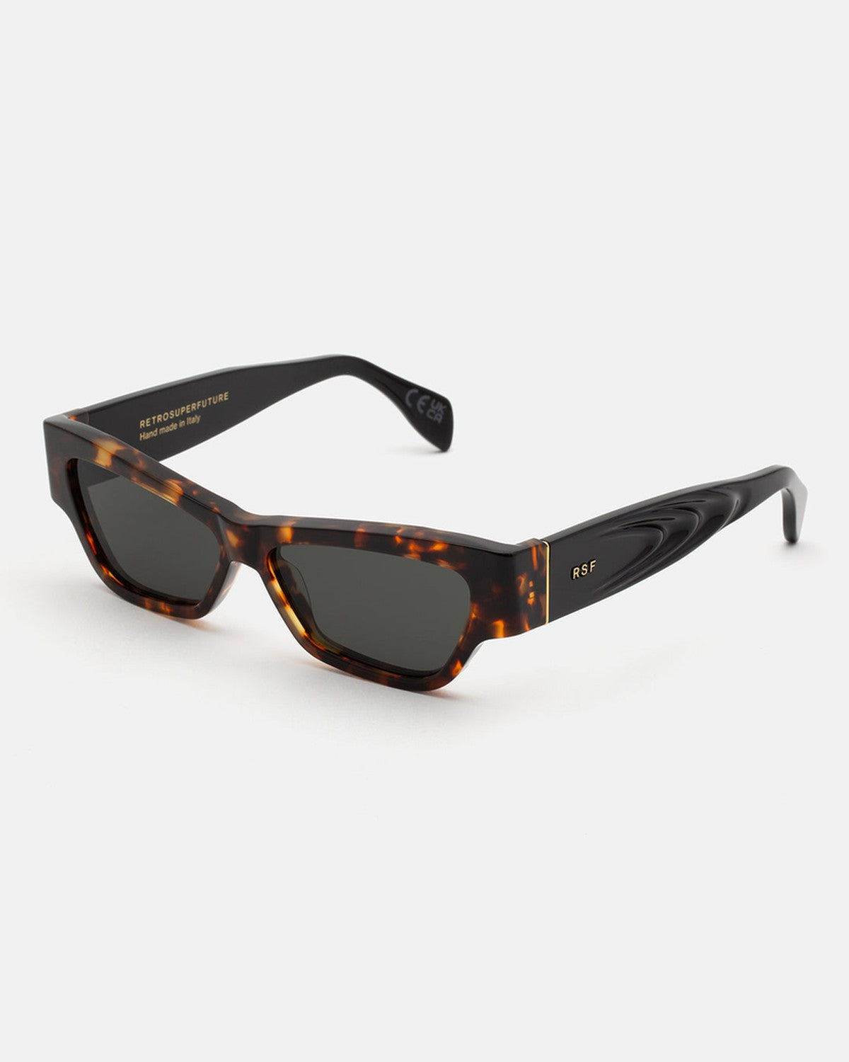 Angle view of RETROSUPERFUTURE Nameko Burnt Havana sunglasses showing the textured temple design.