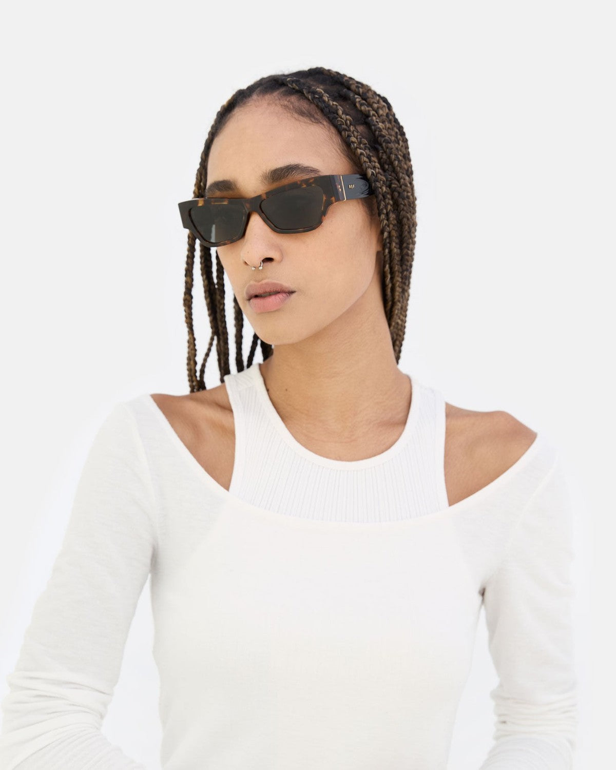 Model wearing RETROSUPERFUTURE Nameko Burnt Havana sunglasses in white top.